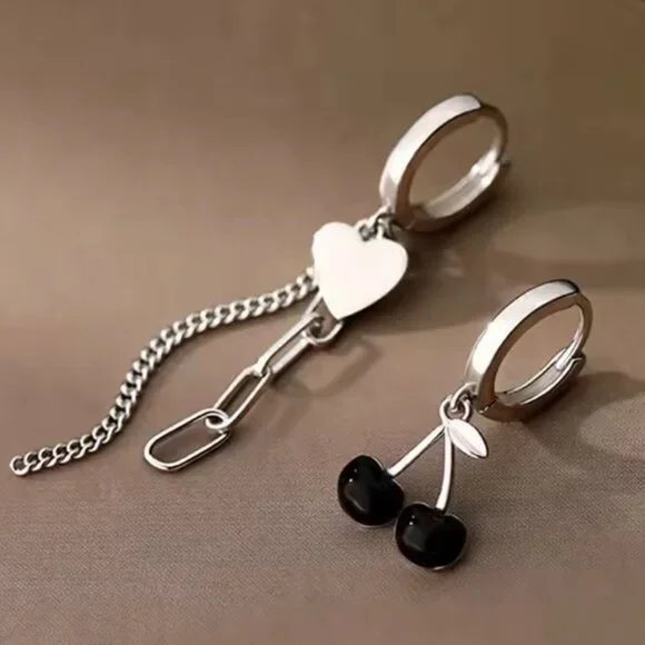 925 Silver Black Cherry & Heart Chain Hoop Earrings - Picture 4 of 9